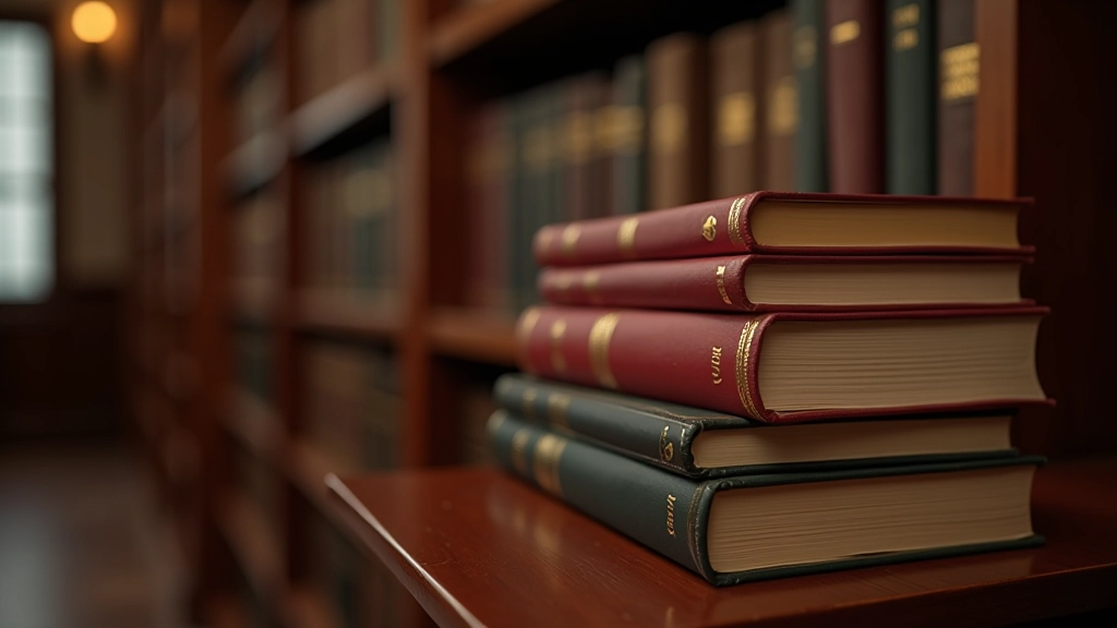 Livros de direito português empilhados numa estante com luzes quentes